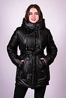 Куртка теплая женская черная с капюшоном плащевка средней длины Актуаль 050, 46
