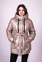 Куртка теплая женская бежевая с капюшоном плащевка средней длины Актуаль 050, 42