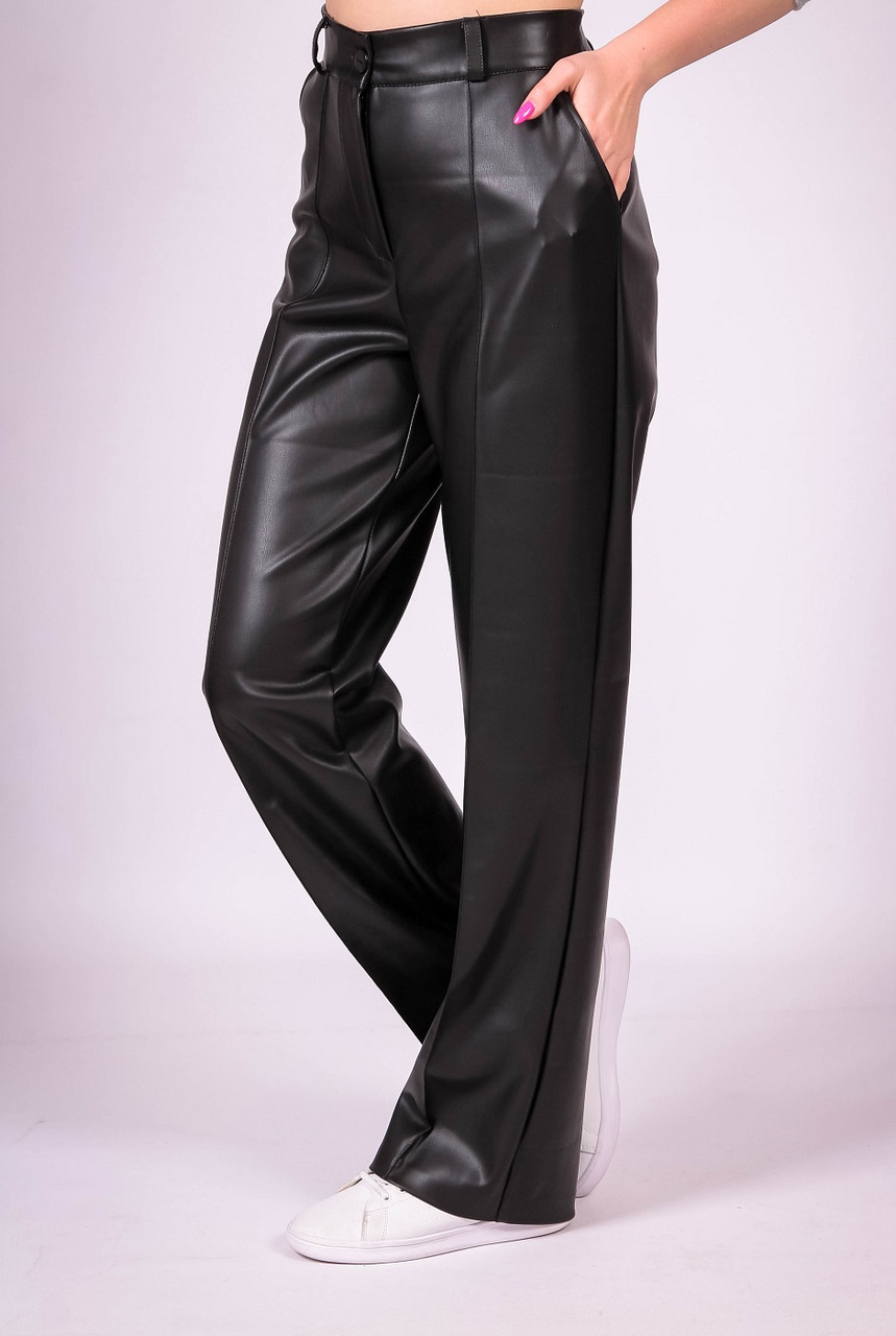 Штани трендові жіночі чорні екошкіра з бічними кишенями Довга Актуаль 9201, 42