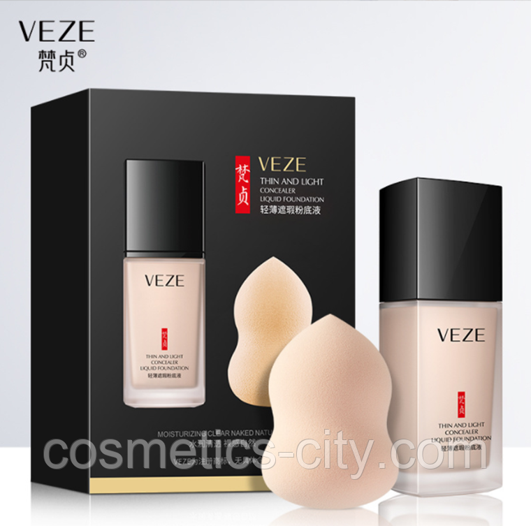 Тональный крем + спонж Veze Thin And Light Concealer Liquid Foundation, тон 01 натуральный, 30мл., фото 1