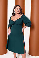 Женское платье миди с передним разрезом и рукав три четверти в больших размерах Зелений, 48-52