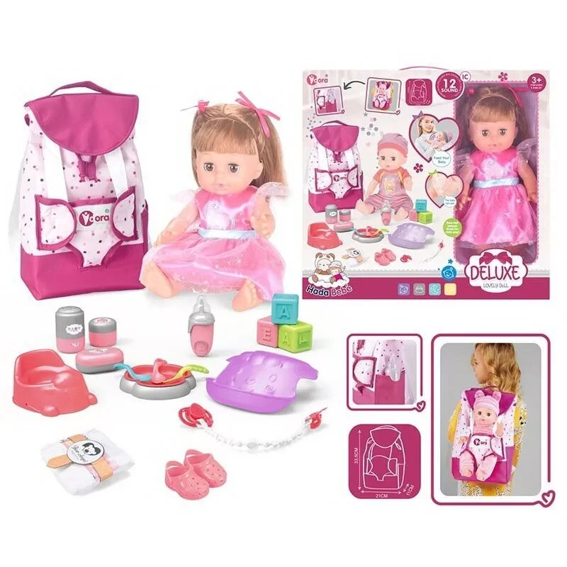 Лялька WZB 8801-10 (24) висота 30 см, чип зі звуками, п’є, ходить в туалет, заплющує очі, аксесуари, рюкзак, в