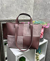 Женская сумка шоппер большая стильная темная пудра натуральная замша+кожзам