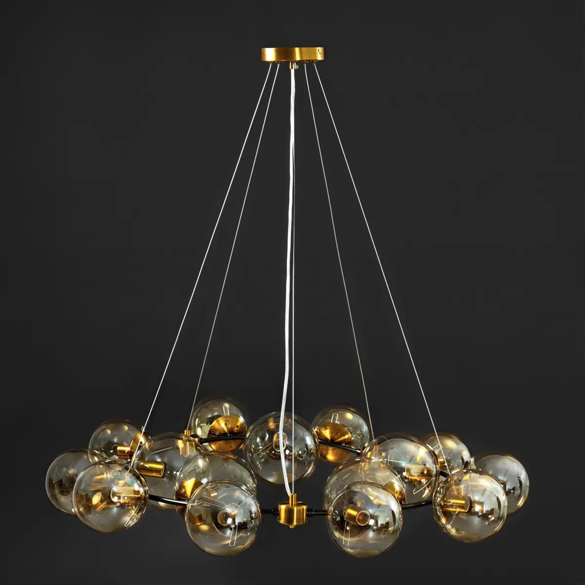 Металева люстра на тросах 15 скляних плафонів Е14 чорна 90х60 см