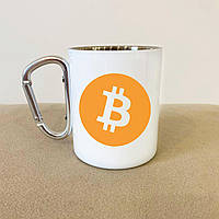 Кружка металлическая с карабином "Bitcoin" 300 мл Белая r_385
