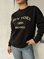 Женский теплый оверсайз свитшот с надписью (черный, белый, вишневый, бутылка) размер: 42-46, 48-52 Черный,