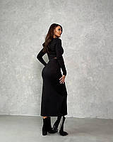 Женский костюм-двойка укороченный топ с длинным рукавом и юбка в длине миди с разрезом (черный, бежевый)