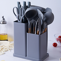 Кухонний набір із силікону, Набір ножів та лопаток для кухні 19 предметів на підставці, Кухонні аксесуари