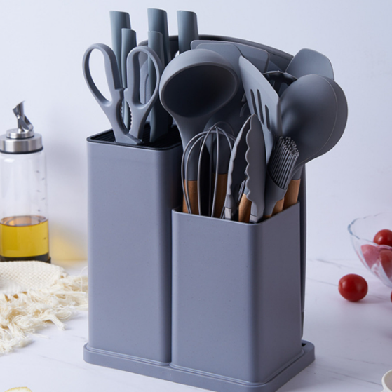 Кухонний набір із силікону, Набір ножів та лопаток для кухні 19 предметів на підставці, Кухонні аксесуари