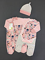 Комплект для новорождённых из футера Четвёрка HappyTot Котики 56см пудровый с серым 989ф