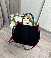 Жіноча сумка комбінована міська модна чорна з червоним натуральна замша+шкірзам