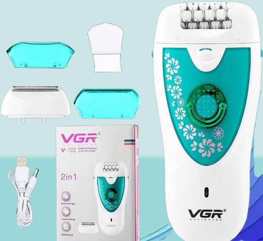 Епілятор VGR V-722 GREEN (акумуляторний, 2 швидкості, 32 пінцети, з насадками), фото 1