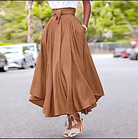 Женская длинная бежевая юбка с разрезом и широким поясом