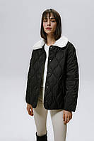 Женская стильная стеганая куртка с меховым воротником Черный, XS