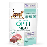 Корм вологий OPTI MEAL для дорослих котів з ефектом виведення шерсті - качка/печінка в яблучному желе 85г