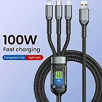 Кабель Pilot 100W крепкий 3 в 1 шнур с разъемами lightning, micro usb, type C