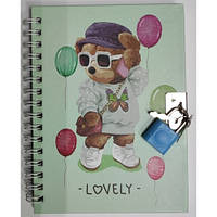 Блокнот на замку A-6 No 64962 Ведмедик 50листів лінійка 11*15 см на спіралі 4диз