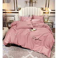 Сатиновое двуспальное постельное белье Комплект постельного белья розовое с вышивкой