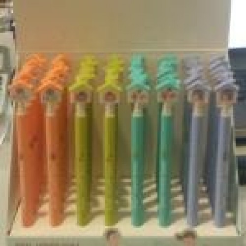 Ручка АН54300 кулькова Будиночки mix синя в стійці, фото 1