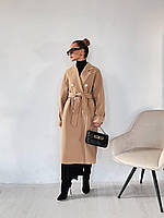 Женское стильное кашемировое пальто на пуговицах с поясом Бежевый, S-M