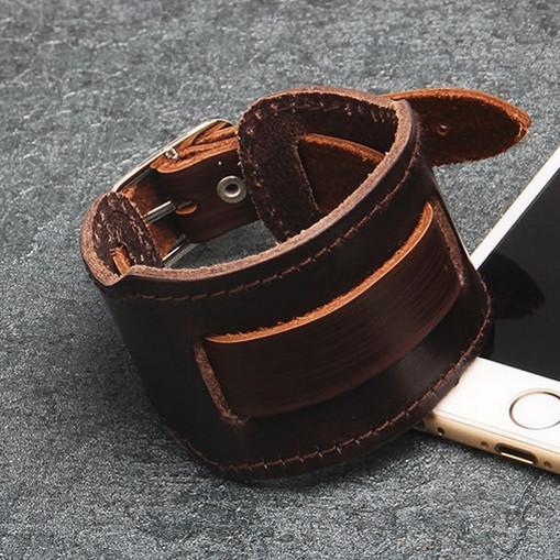 Кожаный браслет для часов  48 мм. Широкий браслет для часов из кожи. Коричневый браслет кожи. Старинный, фото 1