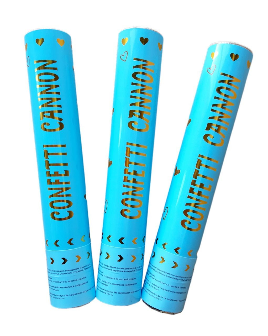 Пневматична хлопавка "Confetti Cannon". Колiр: Блакитний. Розмір: 30см. Начинка: Кружочки блак, бел, золото