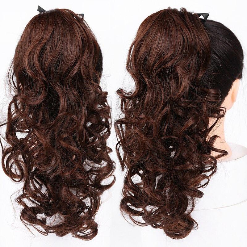 Парикмахер каштановый хвост. Волосы шиньоны волнистые. Накладной хвост с зажимами. Шиньон для шатенок 51 см, фото 1