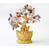 Дерево Счастья из разноцветного камня в чаше изобилия (h-18 см), сувенир для дома, денежное дерево с камнями