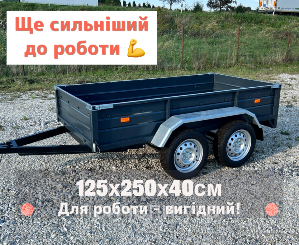 Причіп легковий двохосний (категорія В) 2,5м х 1,25м, борт 40см, метал