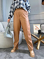Жіночі шкіряні штани прямого крою з екошкірою на гумці з кишенями великого розміру батальні від S до 5XL мокко, 46/48