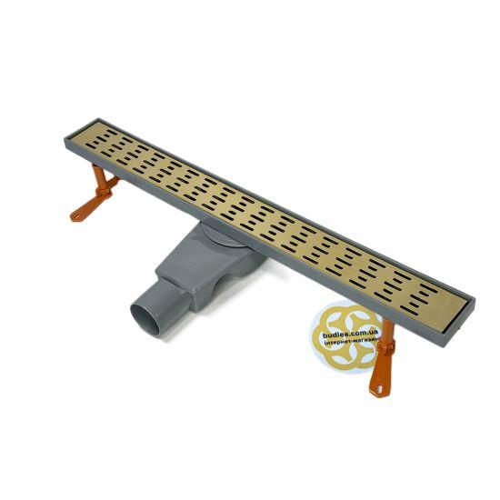 Душевой лоток для зливу CLASSIC 60 см, горизонтальний поворотний сифон, грати дощ золото FEHA, фото 1