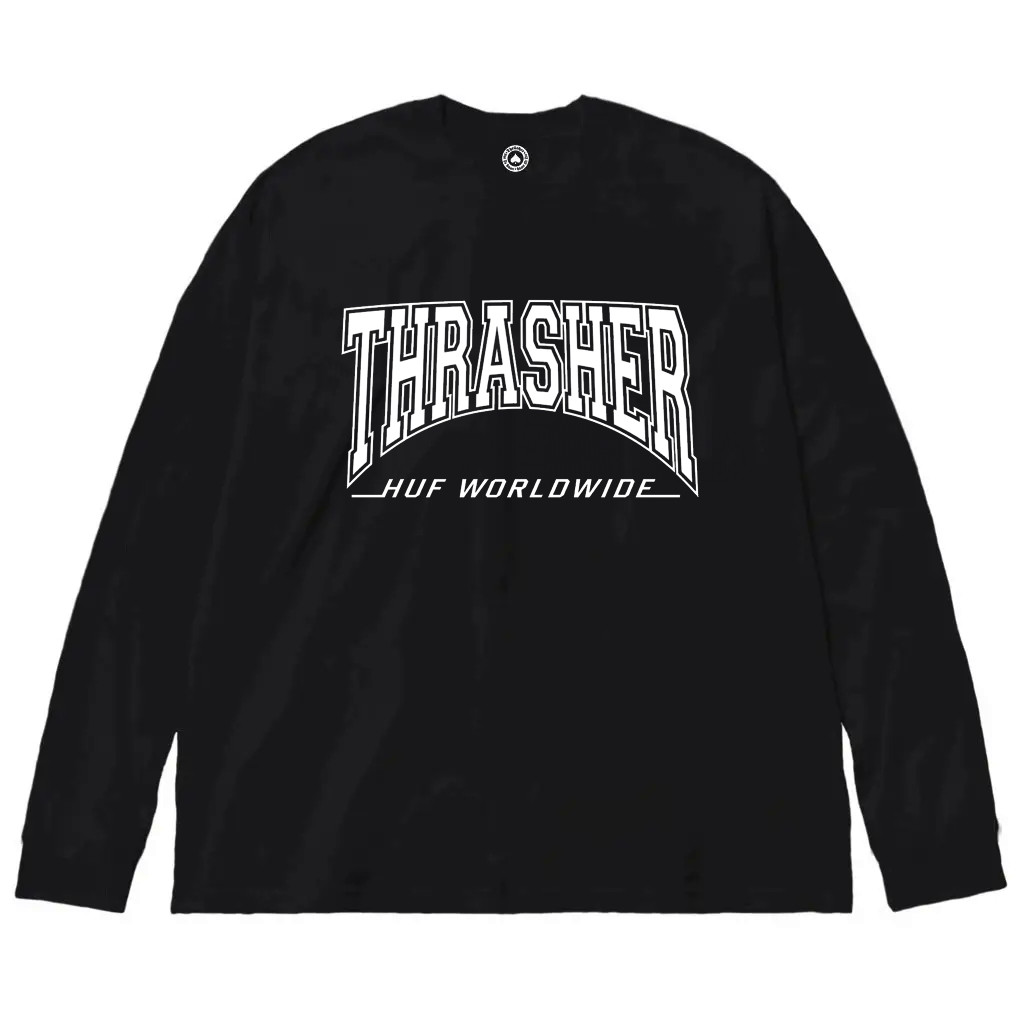 Черный лонгслив Thrasher x Huf Logo унисекс Трешер Трэшэр Хаф