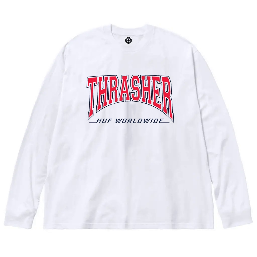 Белый лонгслив Thrasher x Huf Logo унисекс Трешер Трэшэр Хаф