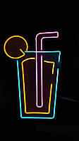 Яркая неоновая вывеска LED Коктейль, 500х340 мм, неоновый декор для кафе, бара и бизнеса.