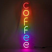 Яркая неоновая LED вывеска "COFFEE", 100х650 мм, неоновый декор для кофейни и бизнеса