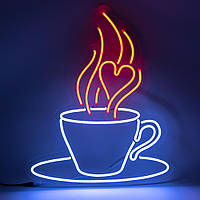 Яркая неоновая LED вывеска "Чашка кофе с сердцем", 415х500 мм, неоновый декор для кофейни и бизнеса