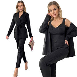 Чорний модний стильний жіночий костюм-трійка (штани + топ + піджак) з костюмної тканини