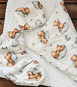 Комплект в дитячу коляску 3в1 наматрацник, що промокає, подушечка, утеплений плед BST Білий з бежевим