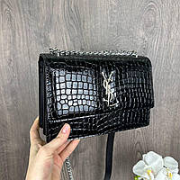Новинка! Женская лаковая сумочка Рептилия YSL черная на цепочке, мини сумка клатч крокодил