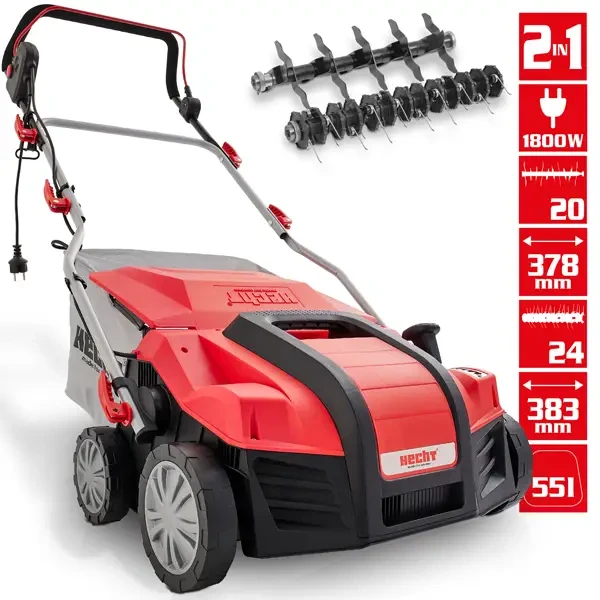 Аератор HECHT1848 електричний  2в1, 1800 Вт, для газонів до 1200м², аерації -13 до 9мм, робоча ширина 40см, травозбірник 55л, фото 1