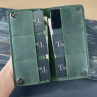 Шкіряний гаманець під прямі купюри ручної роботи зеленого кольору