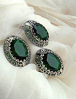 Великий срібний гарнітур сережки кільце зелене каміння