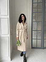 Женское демисезонное утепленное пальто молочного цвета с патами, пелериной, поясом, шлицей