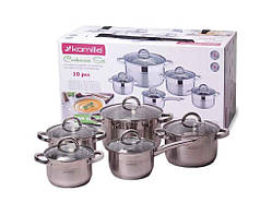 Набір посуду з нерж. сталі 10 пр(2.1л; 2.1 л, 2.9 л, 3.9л, 6.5 л) 5633S ТМ KAMILLE