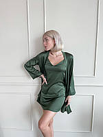 Ночная рубашка с халатом женская (комплект 2ка) - шелковая (XL-XXL) Зеленая