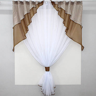 Кухонна (280х170см.) занавіска, ламбрекен і тюль. Колір білий з коричневий та білим. Код 114к 52-0680