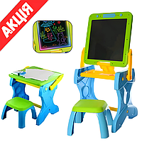 Дитячий мольберт зі стільчиком 2 в 1 YM882 Дошка для малювання і стілець Зі світлом З маркерами Блакитний