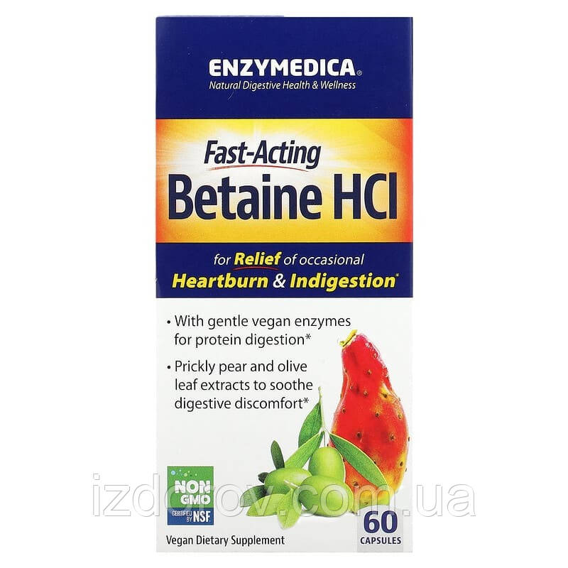 Бетаїн гідрохлорид Enzymedica Betaine HCI допомога у разі неваріння шлунка 60 капсул