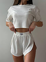 Жіноча піжама з натуральної тканини домашній костюм (шорти з розрізом+ футболка)