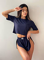 Женская пижама из натуральной ткани домашний костюм (шорты+ футболка) Темно-синий, 42/44